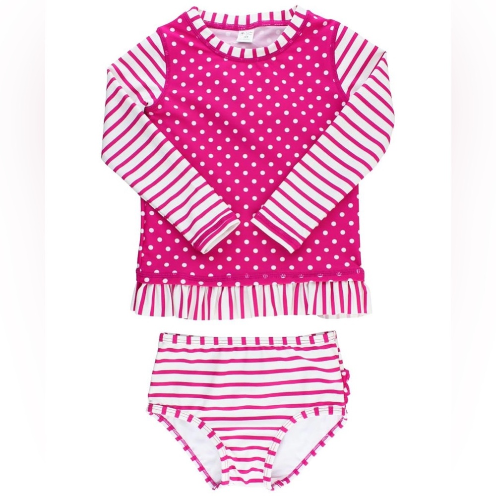 Ruffle Butts Pink Polka Dot Rashguard bikini